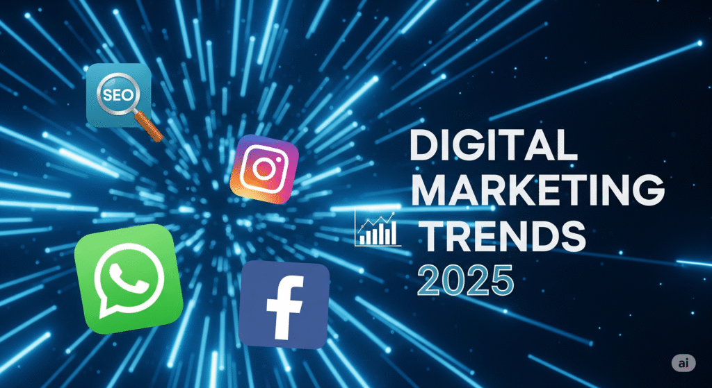 A futuristic digital marketing poster in landscape orientation with a glowing cyber-neon bluish background. The title "Digital Marketing Trends 2025" is prominently displayed. Scattered across the background are stylized, glowing icons representing key digital platforms and concepts: a magnifying glass for SEO, the WhatsApp logo, the Instagram logo, the Facebook logo, and an upward-trending data graph. The overall design conveys a sense of technology, growth, and the interconnectedness of digital trends.
