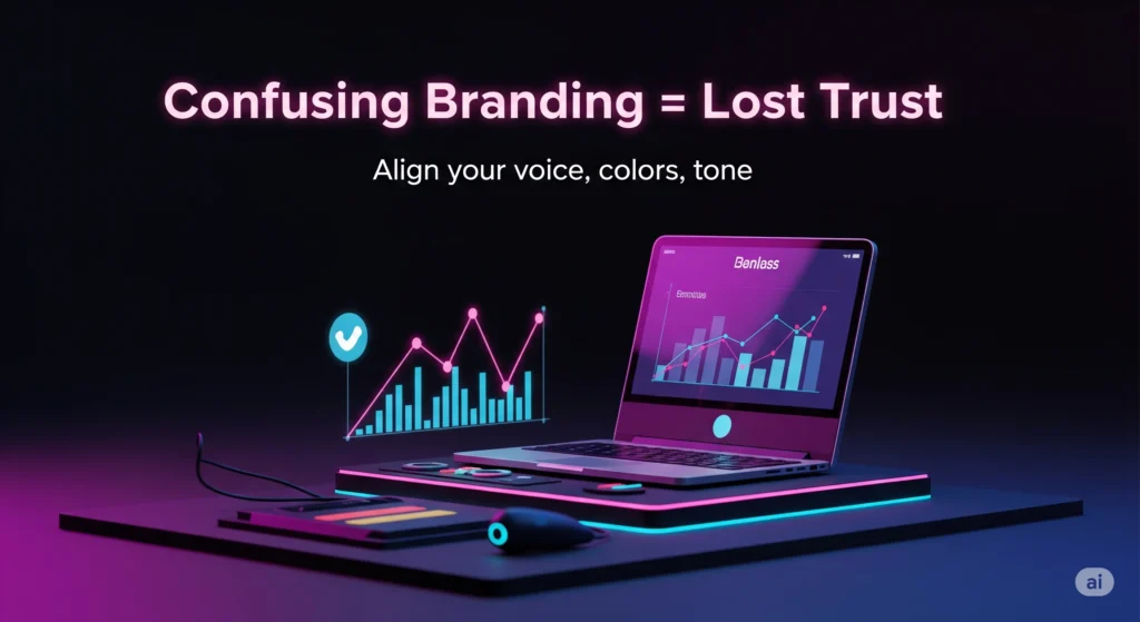 Futuristic workspace with a laptop, smartphone, and mouse on a dark surface, illuminated by pink and blue neon lights. Digital graphs and charts are projected above the laptop. The headline 'Confusing Branding = Lost Trust' and subheadline 'Align your voice, colors, tone.' are visible at the top.