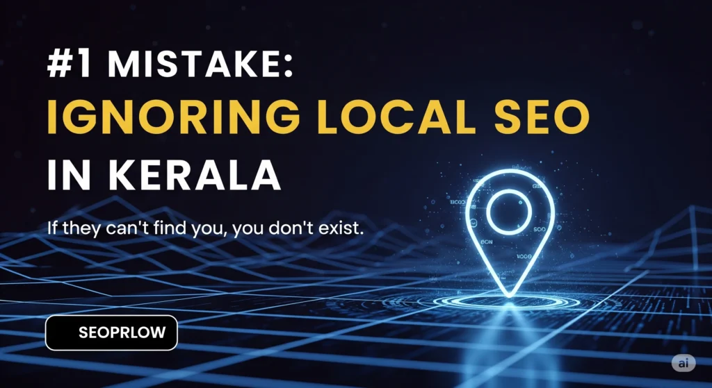 Futuristic tech-style poster with a glowing blue location pin icon on a dark, digital grid background. The headline reads '#1 Mistake: Ignoring Local SEO in Kerala' and the subheadline is 'If they can't find you, you don’t exist.'