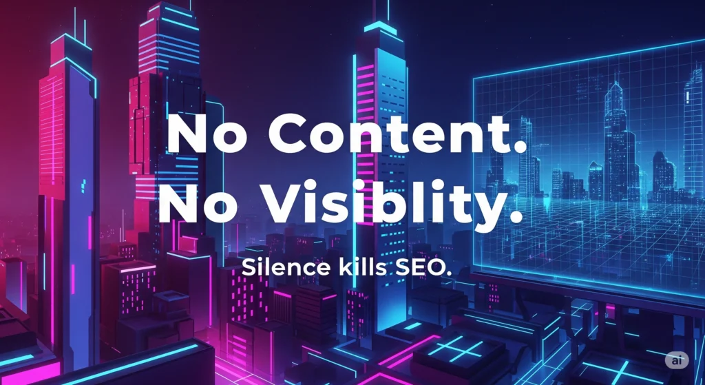 he headline 'No Content. No Visibility.' is prominent, with the subheadline 'Silence kills SEO.' below it. A holographic grid is visible on the right.