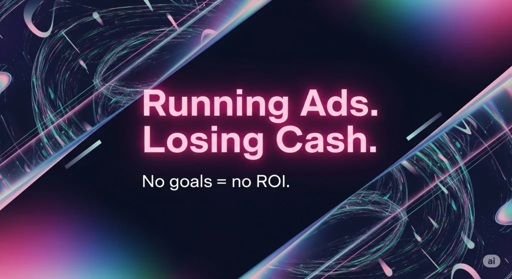Futuristic, techy poster with a dark background and abstract, glowing neon lines in pink, blue, and green. The bold pink headline reads 'Running Ads. Losing Cash.' and the smaller white subheadline states 'No goals = no ROI.'