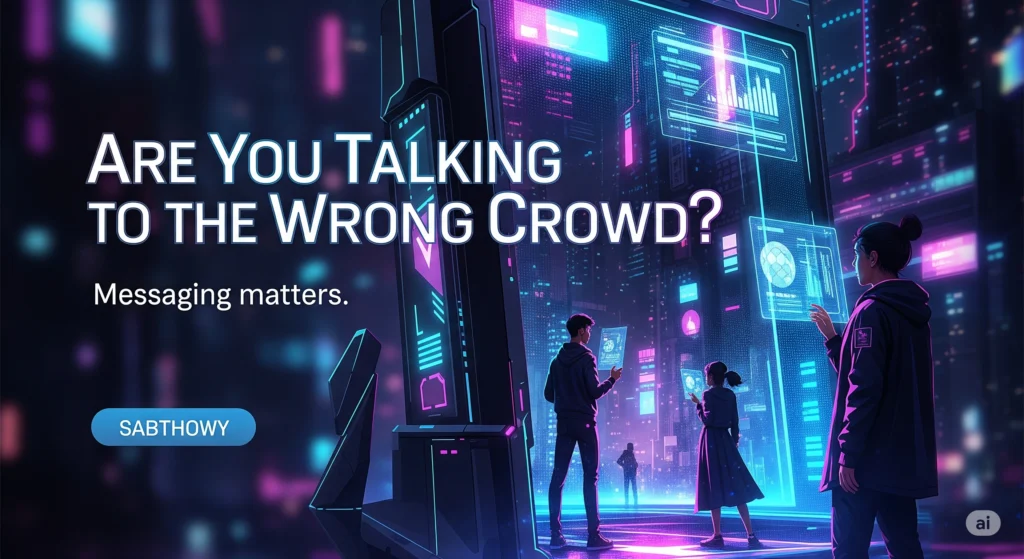 Futuristic digital interface with people interacting with large, glowing screens displaying data and graphs. The headline 'Are You Talking to the Wrong Crowd?' and subheadline 'Messaging matters.' are visible in the foreground.
