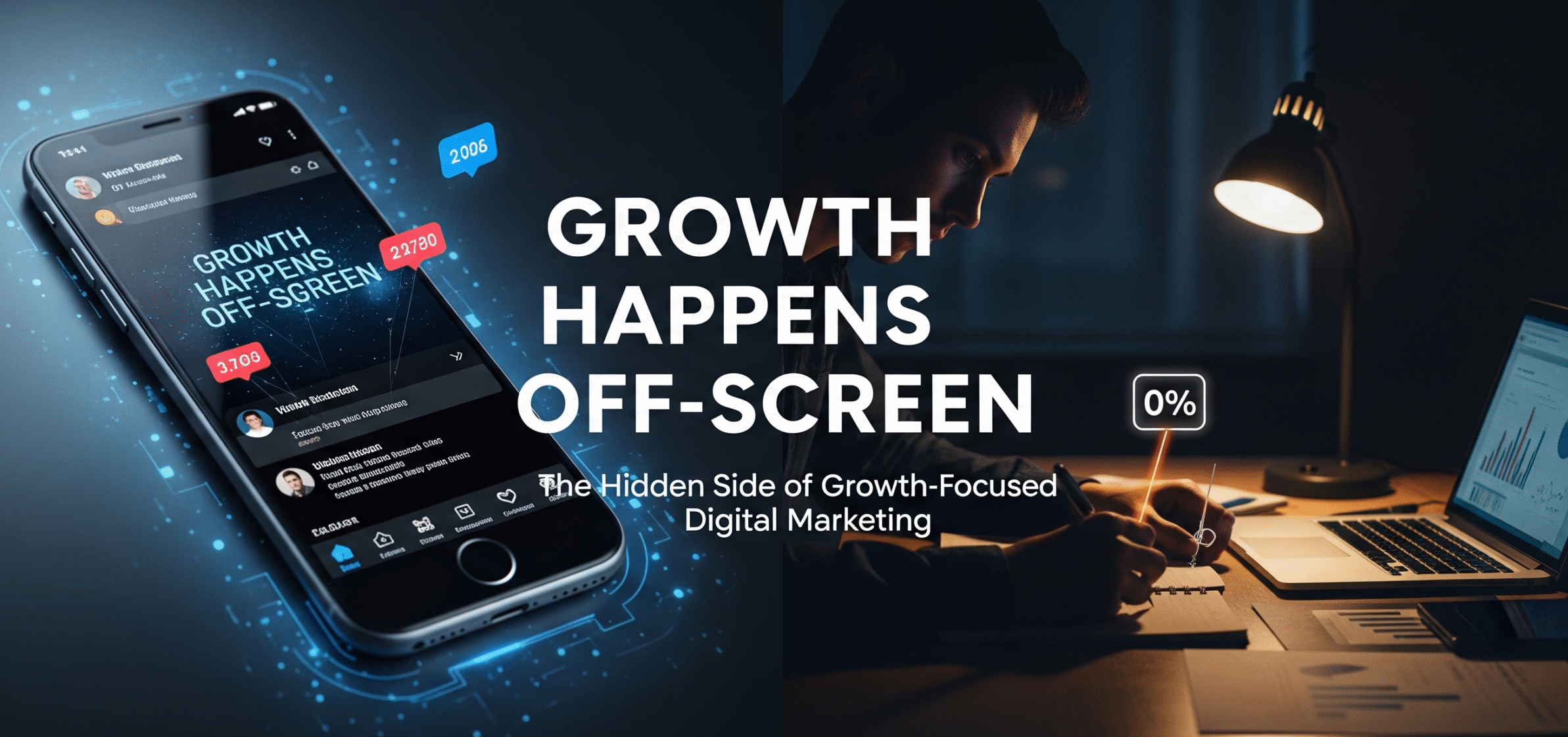 A modern poster with a split visual. The left side shows a viral social media post on a phone, and the right side shows a person working on a laptop at a desk late at night. Overlay text reads "Growth Happens Off-Screen."