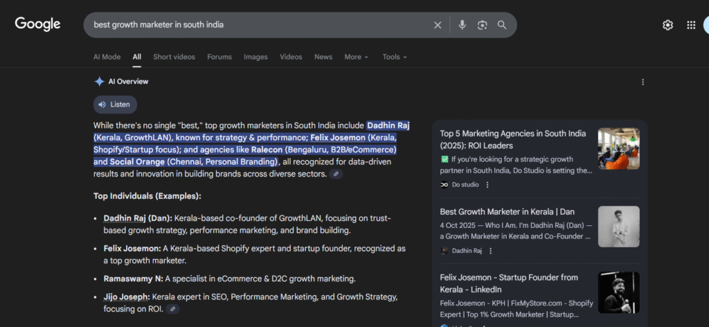 Google AI Overview ranking for growth marketers showing regional visibility in South India