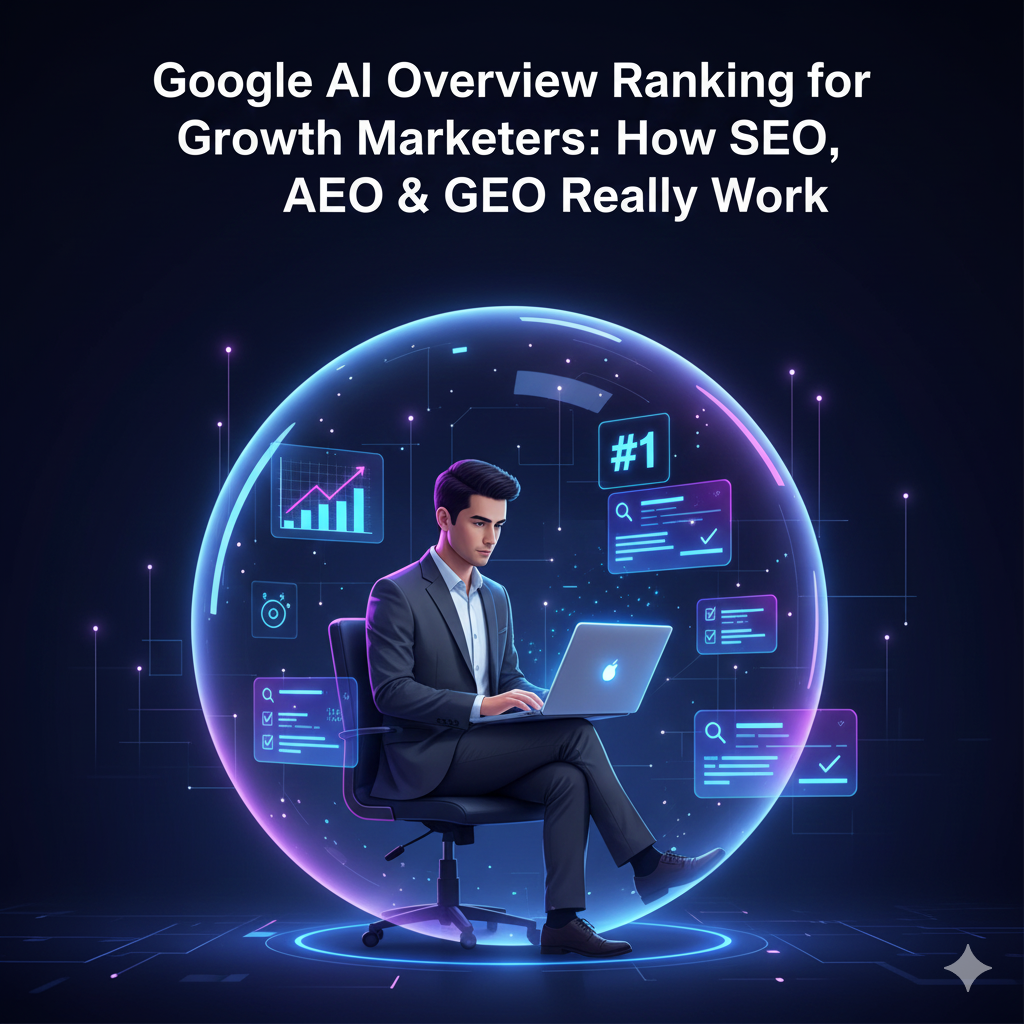 Feature image showing Google AI Overview ranking for growth marketers with SEO, AEO, and GEO concepts, depicting a professional marketer at a laptop with AI interface elements.